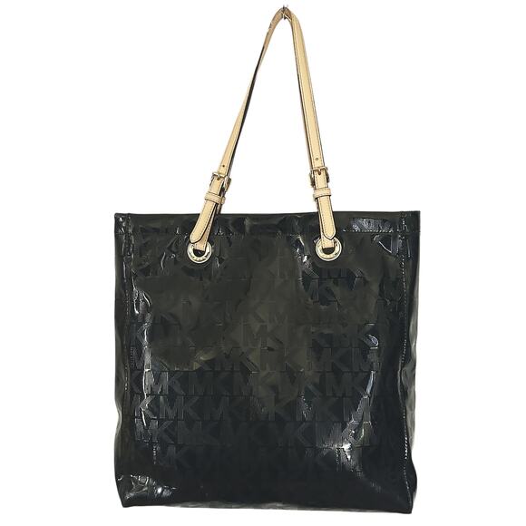 Michael Kors Large Black Canvas & Tan Leather Jet Set Logo Tote Bag - Picture 1 of 12